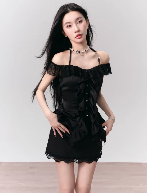 Black Berry French Lace Halter Neck Shirt FRA0160-- Polka Dot Checkered Tartan