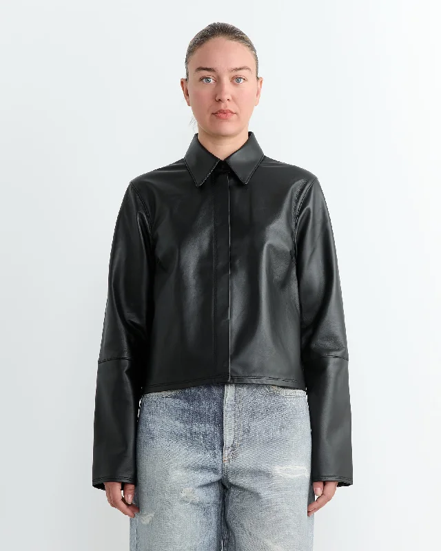 Auto Leather Shirt in Black-- Hooded Caped Shawl Collar