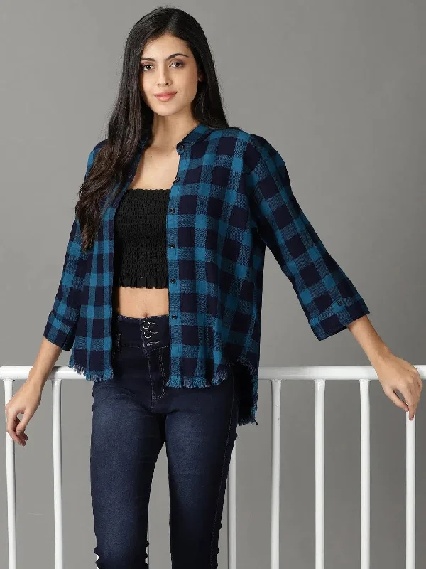 Women's Teal Checked Shirt-AE-333118-Teal-- Satin Blend Silk Blend Wool Blend