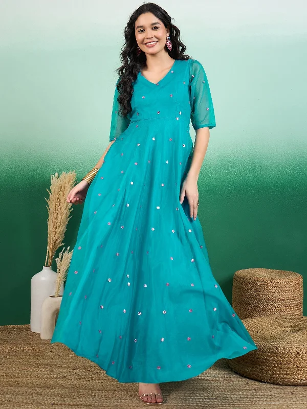 Embroidered Organza Maxi Ethnic Dresses Tunics Party sparkling