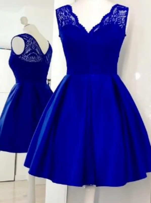 Royal Blue Satin Short with Lace V-Neck Homecoming Dresses Tunics Party sparkling