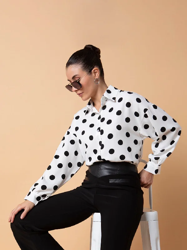 Women Polka Dots Off White Oversized Shirt-CHN-2006-Offwhite-- Spandex Blend Rayon Blend Denim Blend Women Polka Dots Off White Oversized Shirt-CHN-2006-Offwhite-- Spandex Blend Rayon Blend Denim Blend