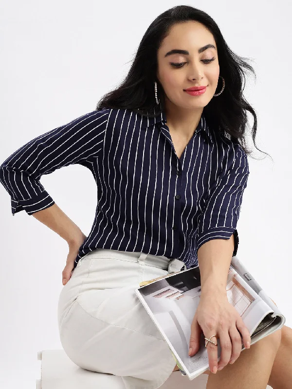 Women Striped Navy Blue Slim Fit Shirt-AE-3163-Navyblue-- Layered Multi-layer Single Layer Women Striped Navy Blue Slim Fit Shirt-AE-3163-Navyblue-- Layered Multi-layer Single Layer