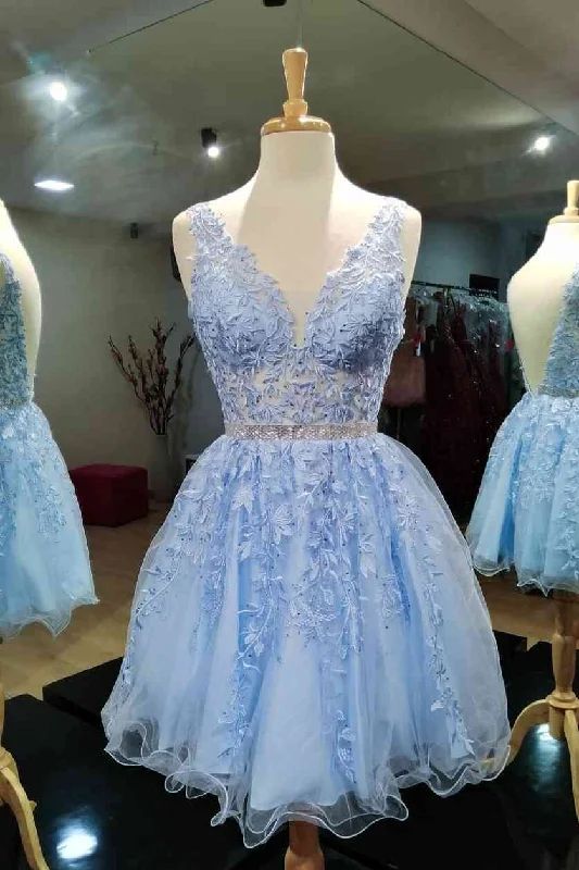 Backless Light Blue Lace Applique Short Homecoming Dresses Tunics Stylish elegant