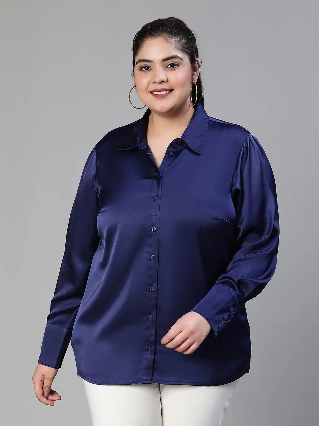 Women plus size collared satin navy blue shirt-- Casual Formal Business