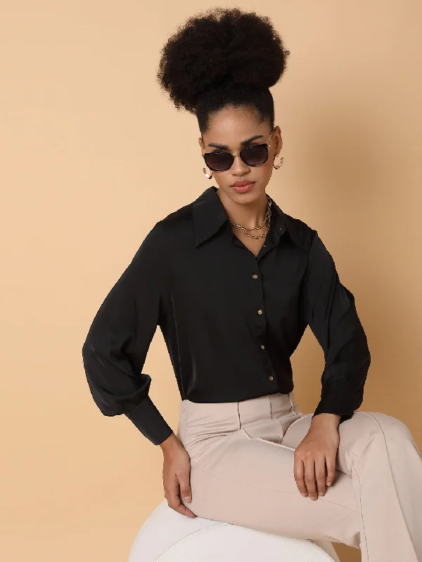 Women Solid Black Shirt-6936-Black-- Nylon Fabric Polyester Fabric Spandex Fabric
