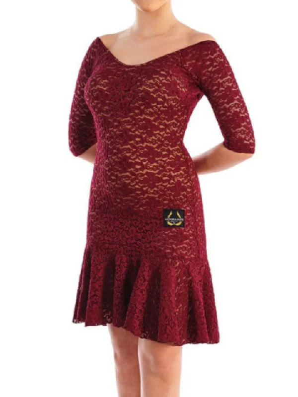 Victoria Blitz Burgundy Lace Latin Dress with V-Neckline, 3/4 Sleeves, and Low Cut Back PRA 750 in Stock Maxi Flowy Bohemian Victoria Blitz Burgundy Lace Latin Dress with V-Neckline, 3/4 Sleeves, and Low Cut Back PRA 750 in Stock Maxi Flowy Bohemian