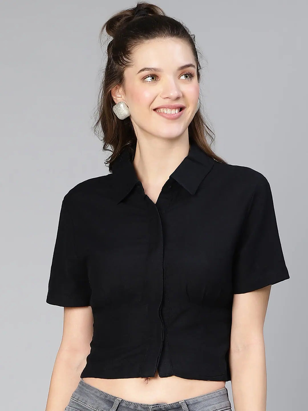 Covered Black Short Sleeve Women Cotton Shirt-- Houndstooth Herringbone Solid