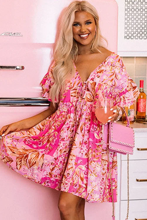 Pink Floral Babydoll Dress Tunics Chic elegant