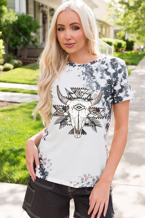 Bull Graphic Bleached Ladies T-Shirt-- Beaded Sequined Faux Fur