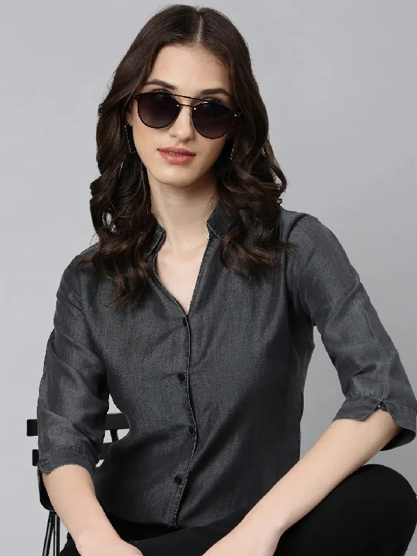 Women Grey Solid Shirt-AE-3160-Grey-- Beaded Sequined Faux Fur