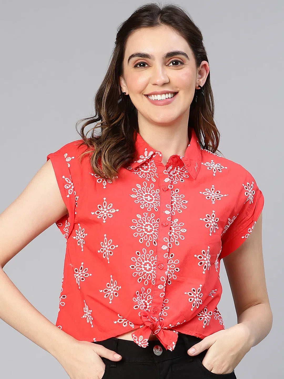 Women red floral print tie-knotted cotton shirt-- Elasticated Padded Insulated
