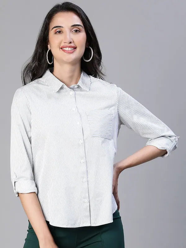 Women Stripe Print Soild Grey Collared Cotton Shirt-- Spandex Blend Rayon Blend Denim Blend Women Stripe Print Soild Grey Collared Cotton Shirt-- Spandex Blend Rayon Blend Denim Blend