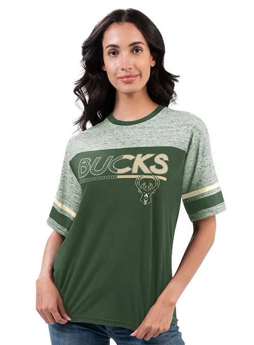 Women's G-III Track Color Blocked Milwaukee Bucks T-Shirt-- Print Jacquard Patchwork Women's G-III Track Color Blocked Milwaukee Bucks T-Shirt-- Print Jacquard Patchwork
