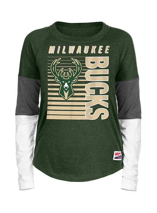 Women's New Era Tri Sleeve Block Milwaukee Bucks Long Sleeve T-Shirt-- Zippered Front Buttoned Front Snap Front Women's New Era Tri Sleeve Block Milwaukee Bucks Long Sleeve T-Shirt-- Zippered Front Buttoned Front Snap Front