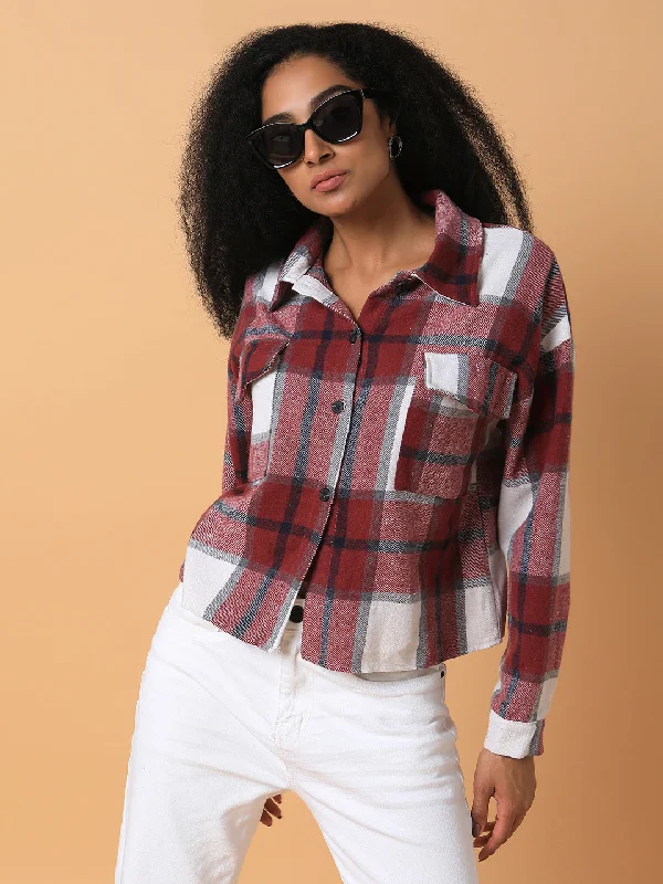 Women Checked Maroon Oversized Shirt-CHN-9013-Maroon-- Hooded Caped Shawl Collar