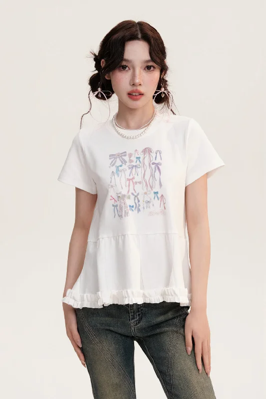 Wave Sunset Bow Lace Short Sleeves T-shirt AOO0009-- Zippered Buttoned Snapped