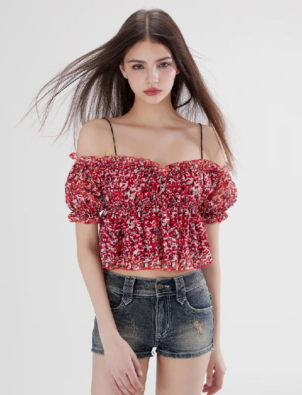 Floral Short One-shoulder Suspender Chiffon Shirt WOO0101-- Boxy Fit Fitted Loose