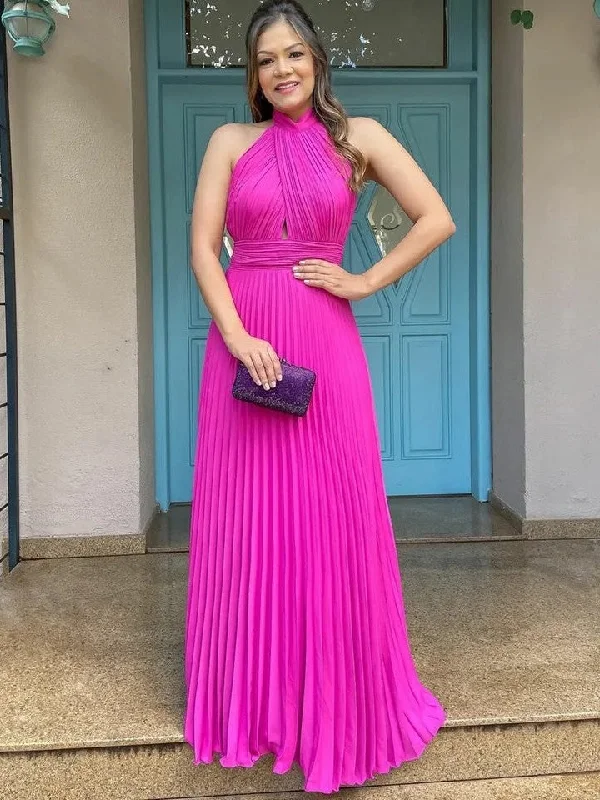 Pink Pleated Halterneck Cutout Slit Dress Pencil Office Professional