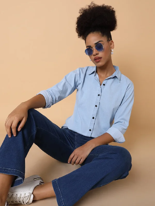 Women Solid Blue Shirt-AE-3367-Blue-- Print Jacquard Patchwork