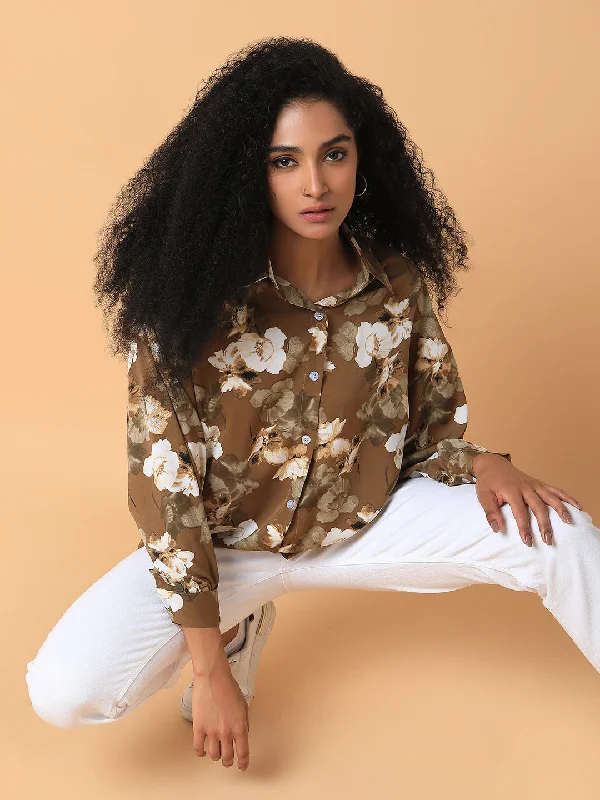 Women Floral Olive Oversized Shirt-CHN-2006-Olive-- Polka Dot Checkered Tartan