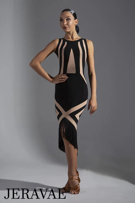 Sleeveless Black and Nude Color Block Latin Practice Dress with Asymmetrical Skirt and Fringe Hem PRA 572 Tunics Vintage classic Sleeveless Black and Nude Color Block Latin Practice Dress with Asymmetrical Skirt and Fringe Hem PRA 572 Tunics Vintage classic