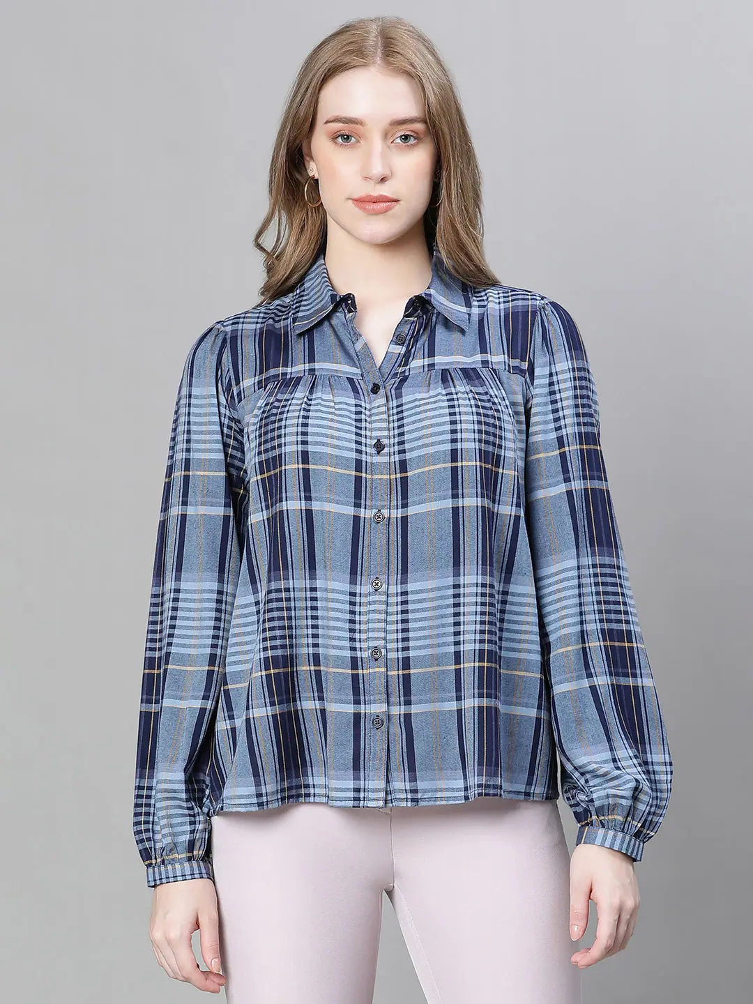 Women Blue Check Print Collared Long Sleeve Buttoned Shirt-- Oversized T-Shirt Spandex breathable Women Blue Check Print Collared Long Sleeve Buttoned Shirt-- Oversized T-Shirt Spandex breathable
