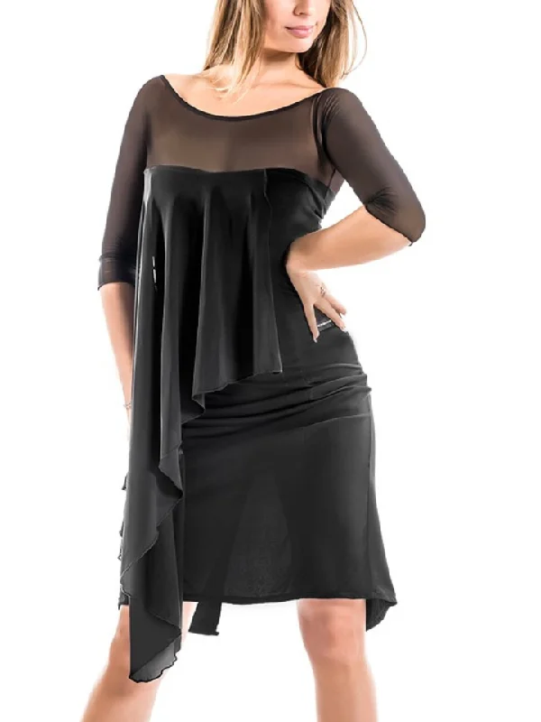 Victoria Blitz SCOZZA Black Latin Practice Dress with 3/4 Sleeves and See-Through Wrap Around Layer PRA 1014 in Stock Tunics Lace romantic Victoria Blitz SCOZZA Black Latin Practice Dress with 3/4 Sleeves and See-Through Wrap Around Layer PRA 1014 in Stock Tunics Lace romantic