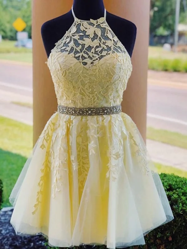 Charming A-Line Halter Cross Back Yellow Tulle Short with Appliques Homecoming Dresses Tunics Business professional