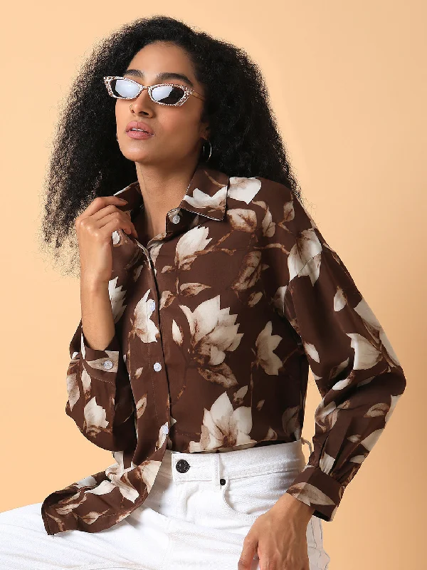 Women Floral Brown Oversized Shirt-CHN-2006-Brown-- Polka Dot Checkered Tartan