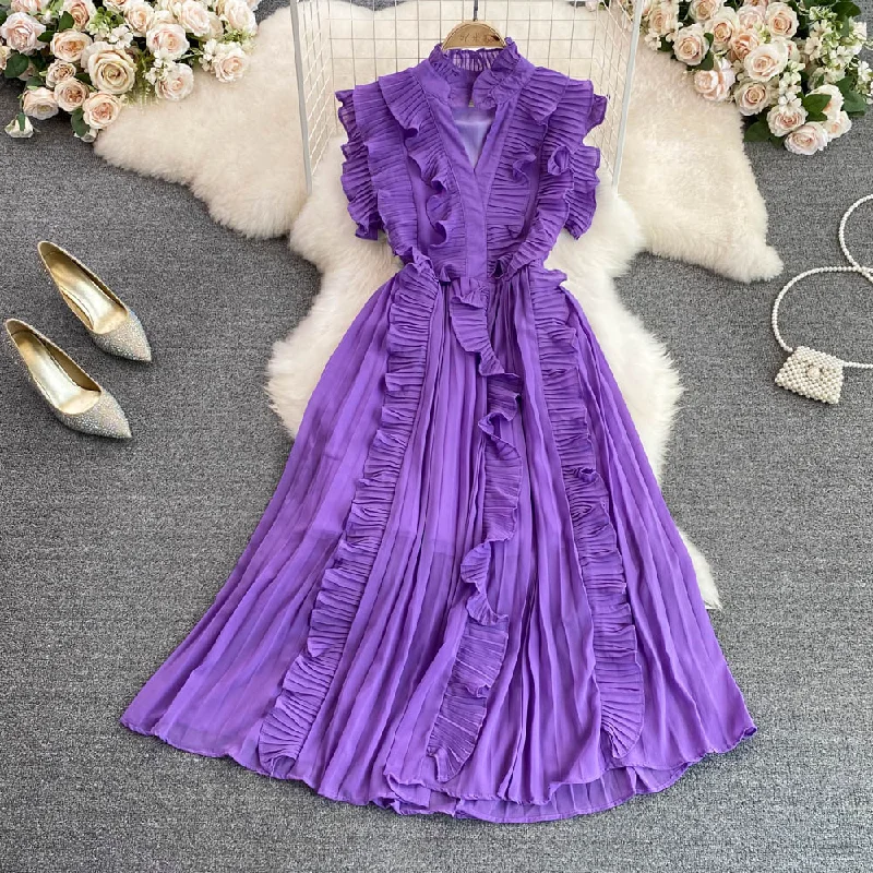 Boutique Wholesale 2023 Summer Premium Light Luxury V-neck Ruffles Waist Slim A-line Pleated Elegant Swing Dress Tunics Custom made Boutique Wholesale 2023 Summer Premium Light Luxury V-neck Ruffles Waist Slim A-line Pleated Elegant Swing Dress Tunics Custom made