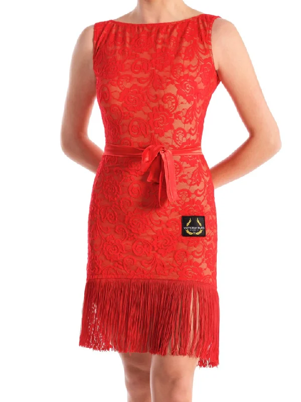 Victoria Blitz RAVEN Red Latin Practice Dress with Boat Neck, Lace Overlay, Satin Tie Wrap, and Fringe Hem PRA 745 in Stock Square Neckline Feminine Victoria Blitz RAVEN Red Latin Practice Dress with Boat Neck, Lace Overlay, Satin Tie Wrap, and Fringe Hem PRA 745 in Stock Square Neckline Feminine
