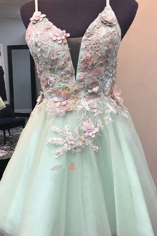 Mint Green Short Homecoming Dress, With Flowers Mini Tulle Graduation Dress, With Pearls Tunics Versatile functional Mint Green Short Homecoming Dress, With Flowers Mini Tulle Graduation Dress, With Pearls Tunics Versatile functional