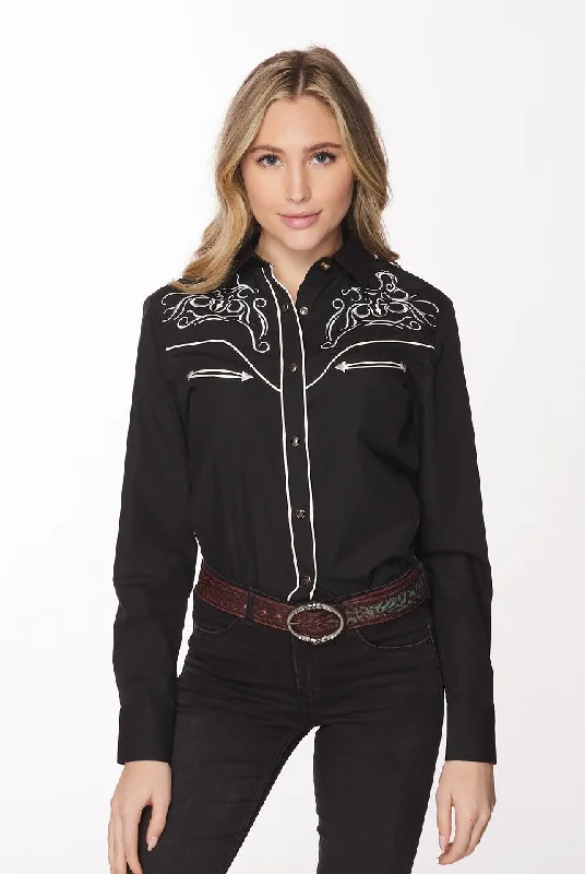 Women’s Western Embroidered Shirts-LS500-502-- Ribbed T-Shirt High Neck Heavyweight