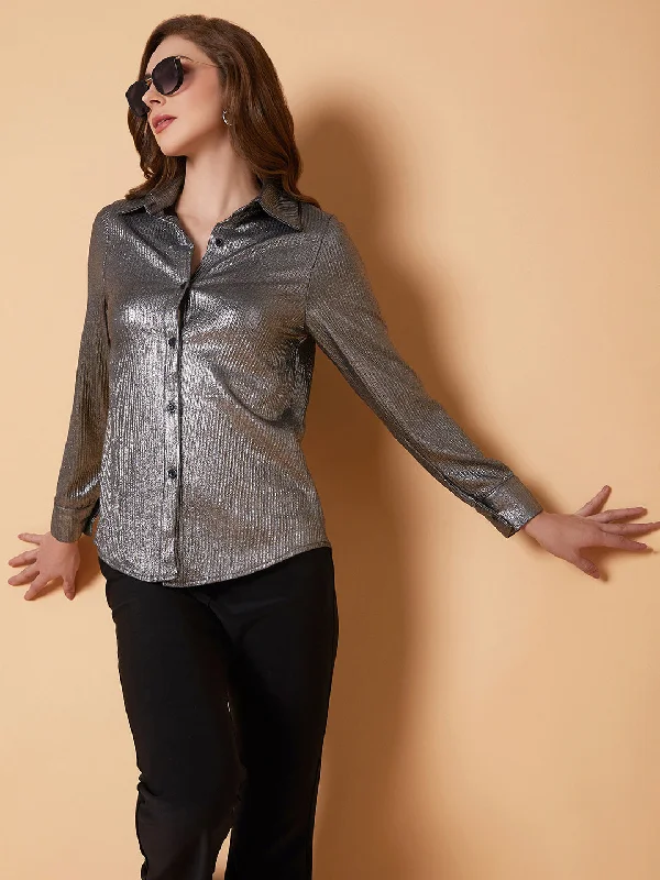 Women Solid Metallic Slim Fit Shirt-803-Metallic-- Elegant Classic Vintage