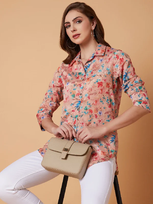 Women Floral Peach Shirt-ON-772-Peach-- Chenille Blend Fleece Blend Nylon Blend
