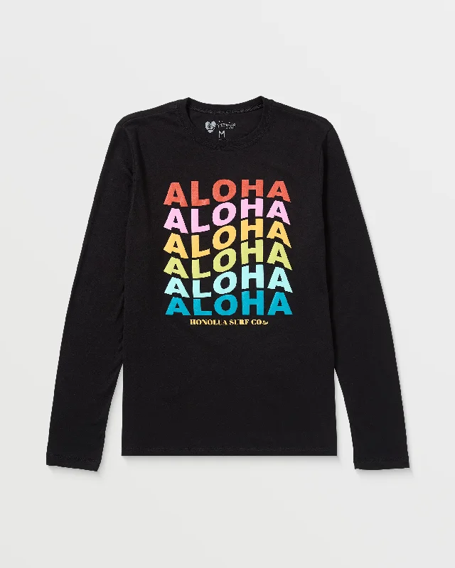 Womens Repeat Aloha Long Sleeve T-Shirt - Off Black-- V-Neck T-Shirt Long Sleeve Cotton