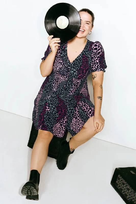 Khaki with Pink Spliced Leopard Short Tea Dress Tunics Designer luxury