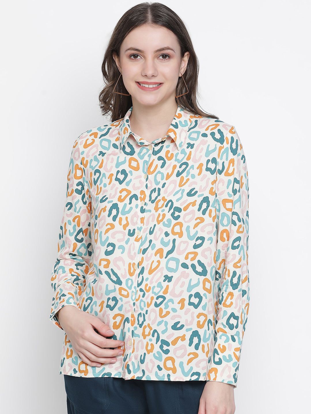 Gloomed white printed women shirt-- Polka Dot Checkered Tartan