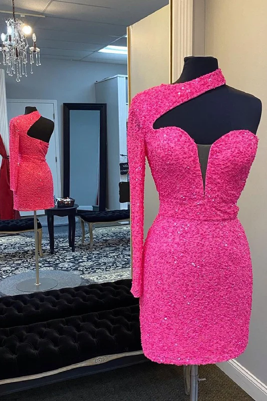 Hot Pink One Shoulder One Sleeves Tight Sequins Short Homecoming Dress Tunics Lace romantic Hot Pink One Shoulder One Sleeves Tight Sequins Short Homecoming Dress Tunics Lace romantic