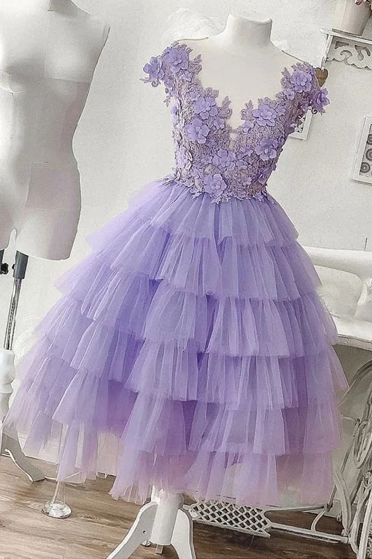 A-line Applique Lilac Tulle Short Homecoming Dresses With Layered Tunics Evening elegant