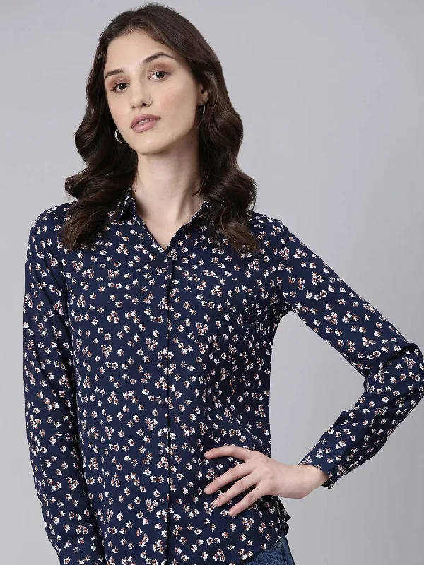 Women Navy Blue Floral Shirt-AE-0032-Navyblue-- Spandex Blend Rayon Blend Denim Blend Women Navy Blue Floral Shirt-AE-0032-Navyblue-- Spandex Blend Rayon Blend Denim Blend