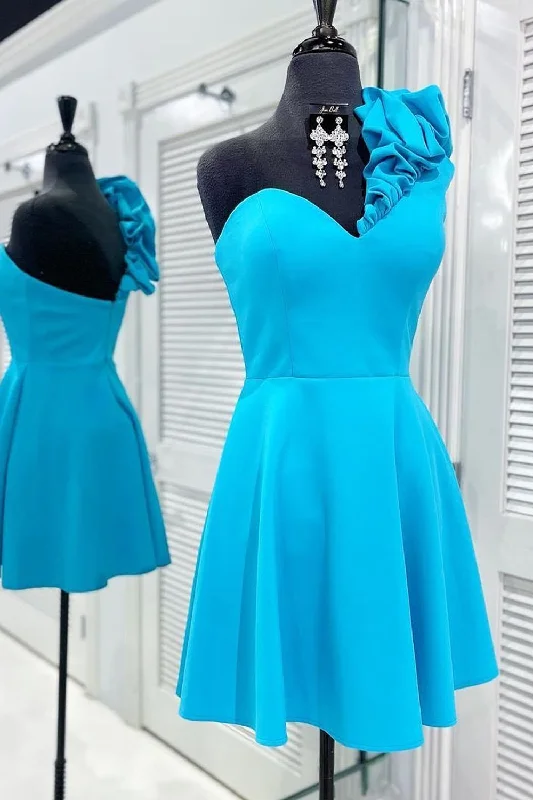 A Line One Shoulder Blue Short Homecoming Dress Tunics Satin smooth
