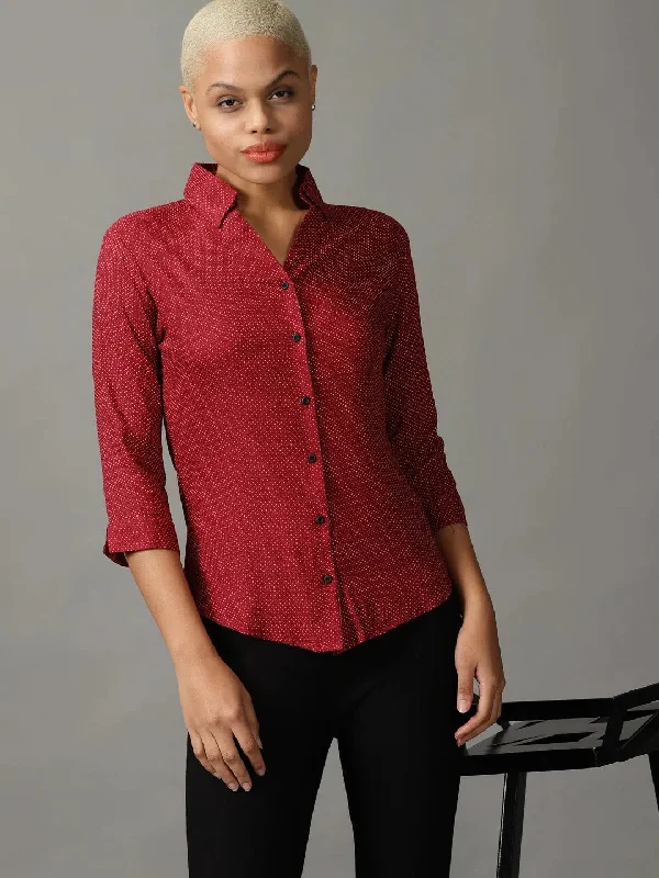 Women's Burgundy Printed Shirt-AE-333113-Burgundy-- Notch Collar Peter Pan Collar Cowl Neck Women's Burgundy Printed Shirt-AE-333113-Burgundy-- Notch Collar Peter Pan Collar Cowl Neck