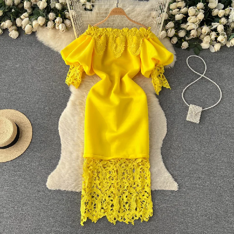 New Yellow Bodycon Boat Neck Strapless Lace Lantern Sleeve Midi Elegant Casual Dresses Women Evening Tunics Distressed trendy New Yellow Bodycon Boat Neck Strapless Lace Lantern Sleeve Midi Elegant Casual Dresses Women Evening Tunics Distressed trendy