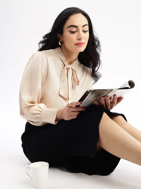 Women Striped Mandarin Collar Cream Shirt-6613-Cream-- Welt Pockets Slit Pockets