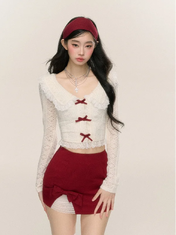 Sweetheart Doll Collar Lace Long Sleeve Thin Shirt/Red Skirt DIA0220-- Casual Formal Business