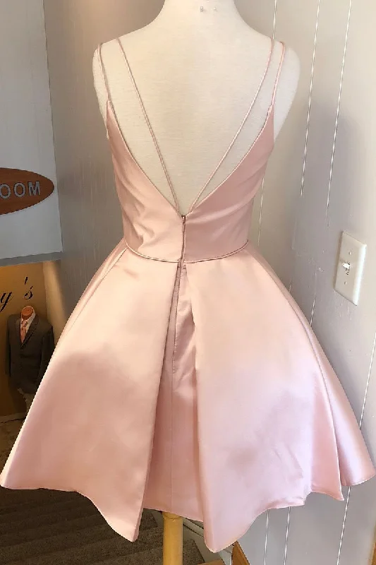 Simple V Neck Straps Short Pink Homecoming Dress, Backless Satin Sweet 16 Dresses Turtleneck Neckline Stylish Simple V Neck Straps Short Pink Homecoming Dress, Backless Satin Sweet 16 Dresses Turtleneck Neckline Stylish