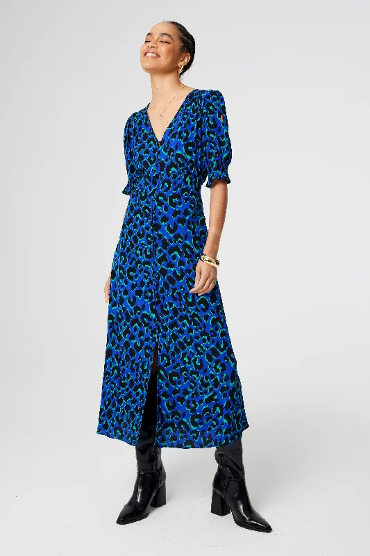 Blue with Green and Black Shadow Leopard Flute Sleeve Midi Tea Dress Tunics Brand named Blue with Green and Black Shadow Leopard Flute Sleeve Midi Tea Dress Tunics Brand named