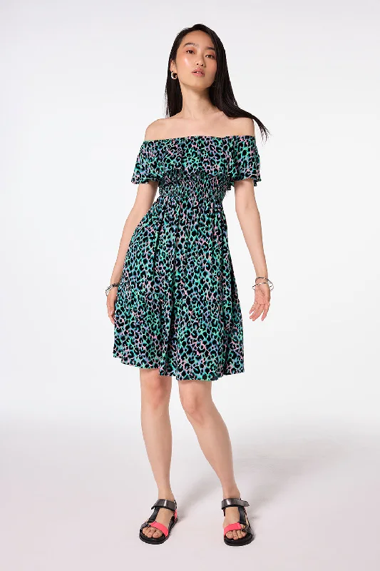 Green with Pink and Black Leopard Short Bardot Dress Bodycon Club Sequined
